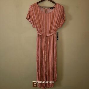 NWT As U Wish Brown Gray White Stripe Ruffle Sleeve Belted Jumpsuit Size Medium